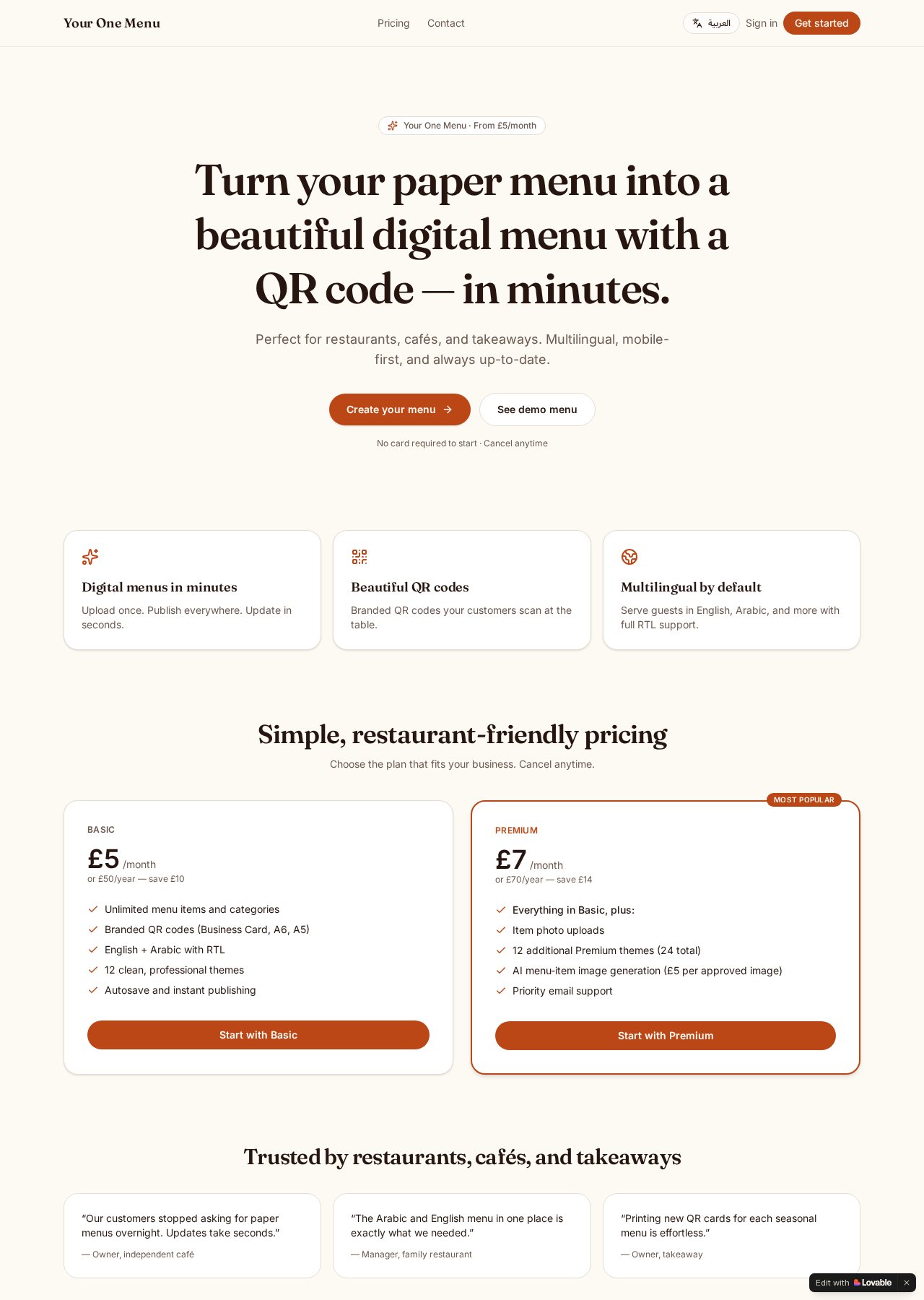 Your One Menu website screenshot
